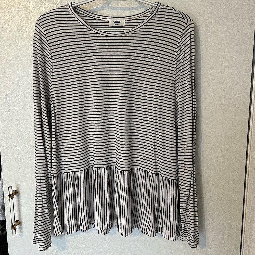 Old Navy Large Cream Long Sleeve with Black Stripes Peplum Top